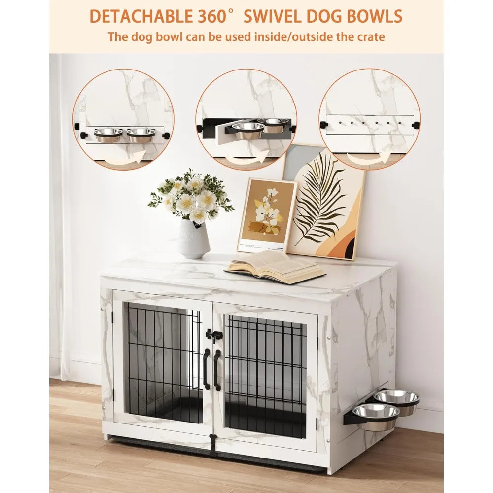 Wooden Dog Crate Furniture with 360°Rotatable Removable Dog Bowls- Dogs Crate End Table with Tray-Double Doors Dogs Kennels