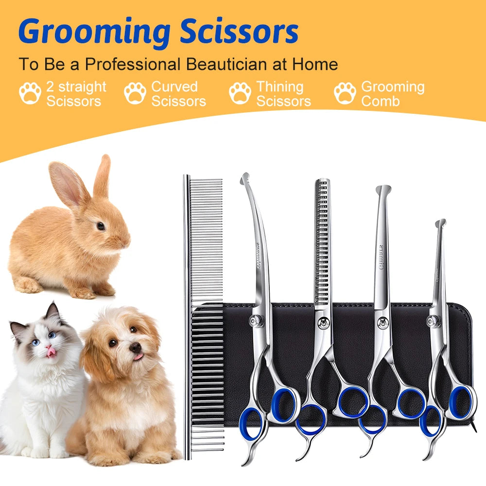Professional 7 Inch 4CR Stainless Steel Pet Hair Shears- 7Pcs Scissors Set for Pet Dog Grooming