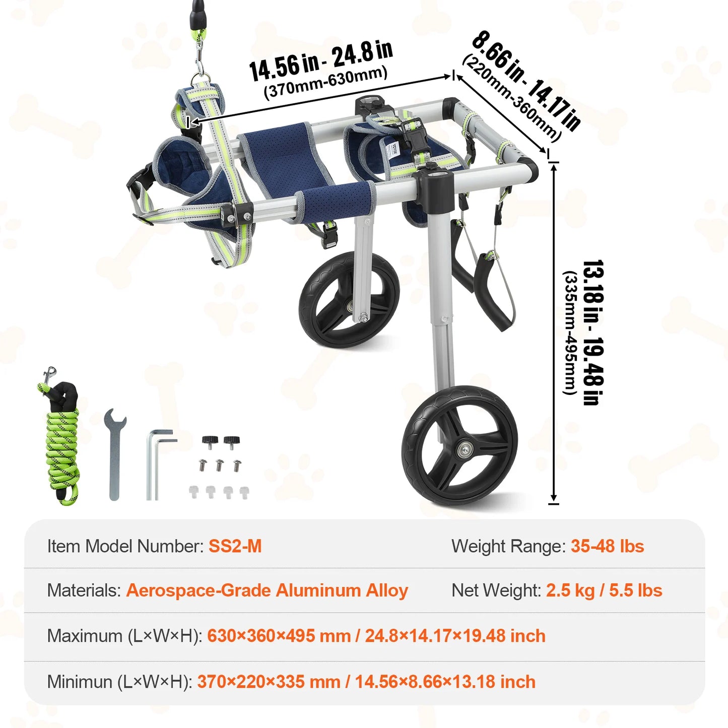 VEVOR 2 Wheels Dog Wheelchair for Back Legs -Pet Wheelchair Dog Cart/Wheelchair for Injured Disabled Paralysis Hind Limb Weak Pet