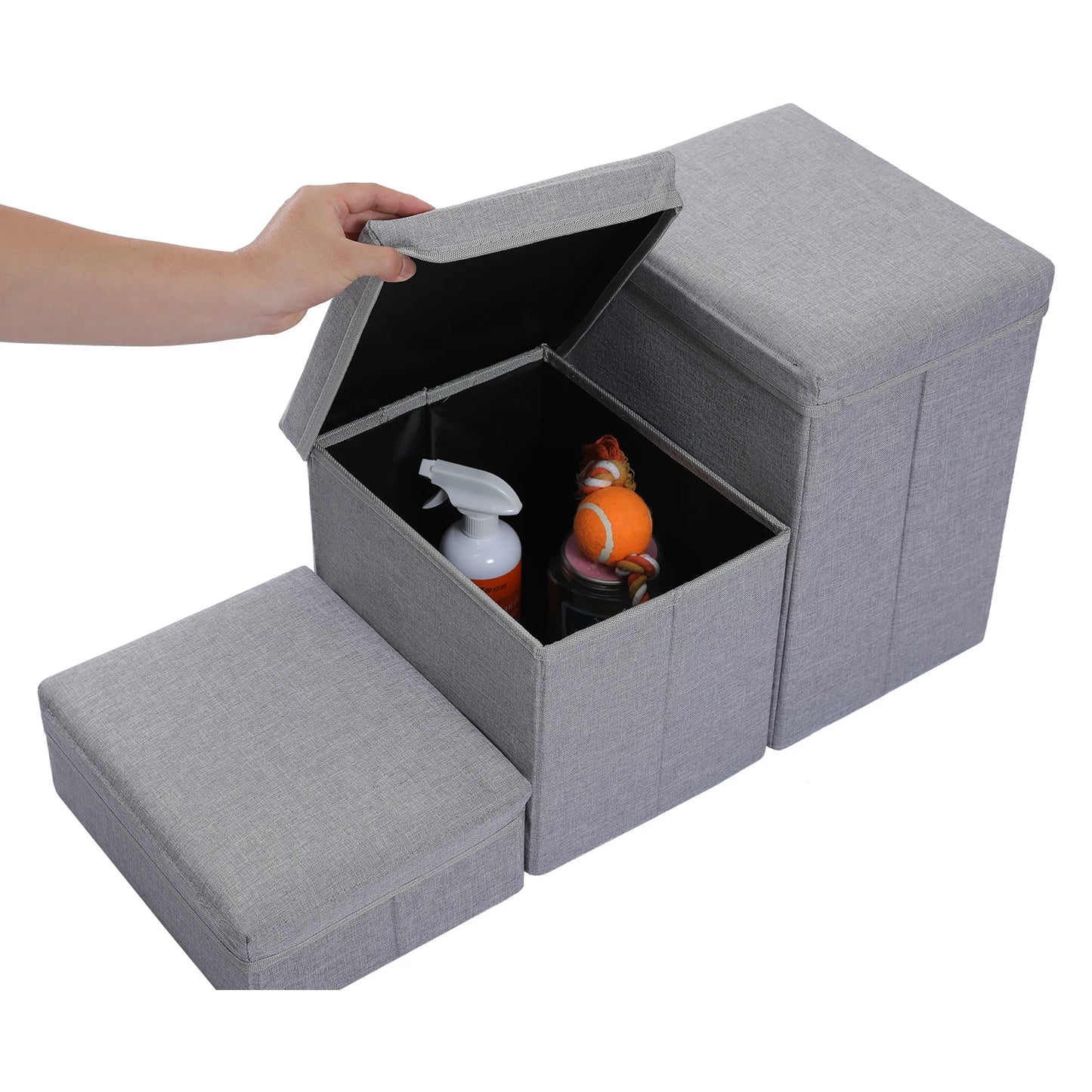 3-Tier Dog Stairs Foldable Pet Stair with Storage Box- Adjustable Height Dog Steps for Small Old Dog Cat Non-Slip Pet Ramp Indoor
