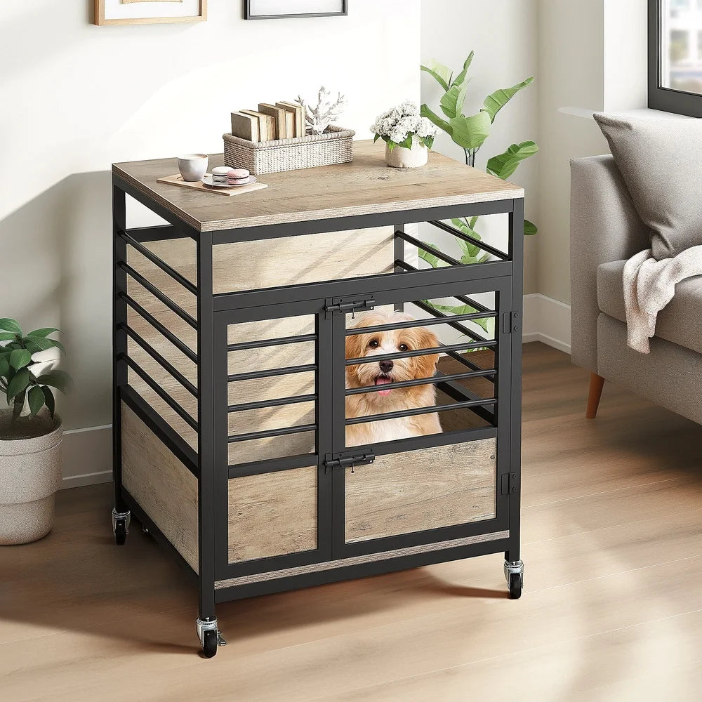 Wooden Dog Crate with Wheels- Stylish Indoor Pet Kennel- Heavy Duty- Chew-Proof- Portable Assembly Small Medium Dogs