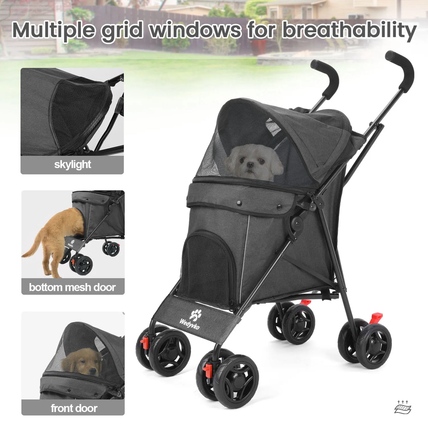 Wedyvko Pet Dog Stroller 4 Wheels Puppy Stroller Rotate with Brakes Storage for Dogs Cats Travel