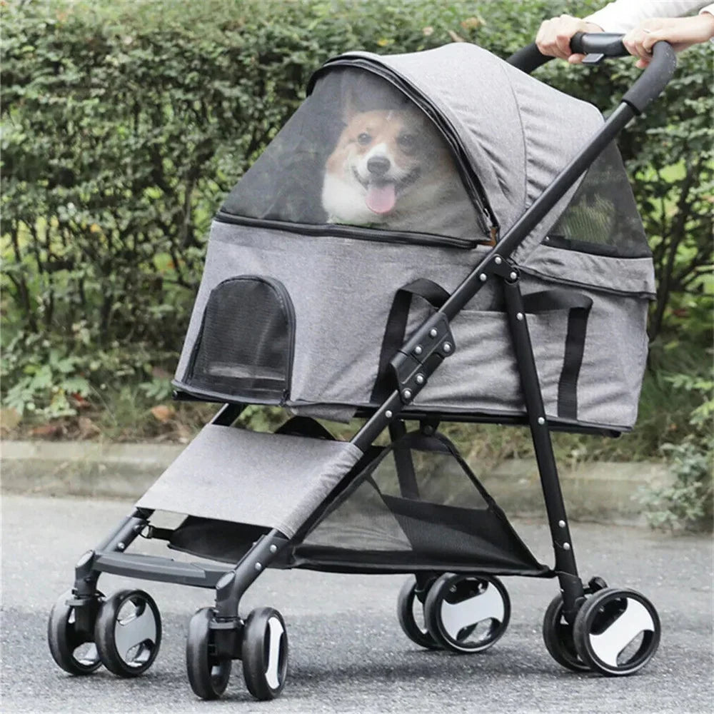 Pet Dog Stroller- Foldable Travel Carrier- Jogger Dog Pram with 4 Wheels and Rain Cover