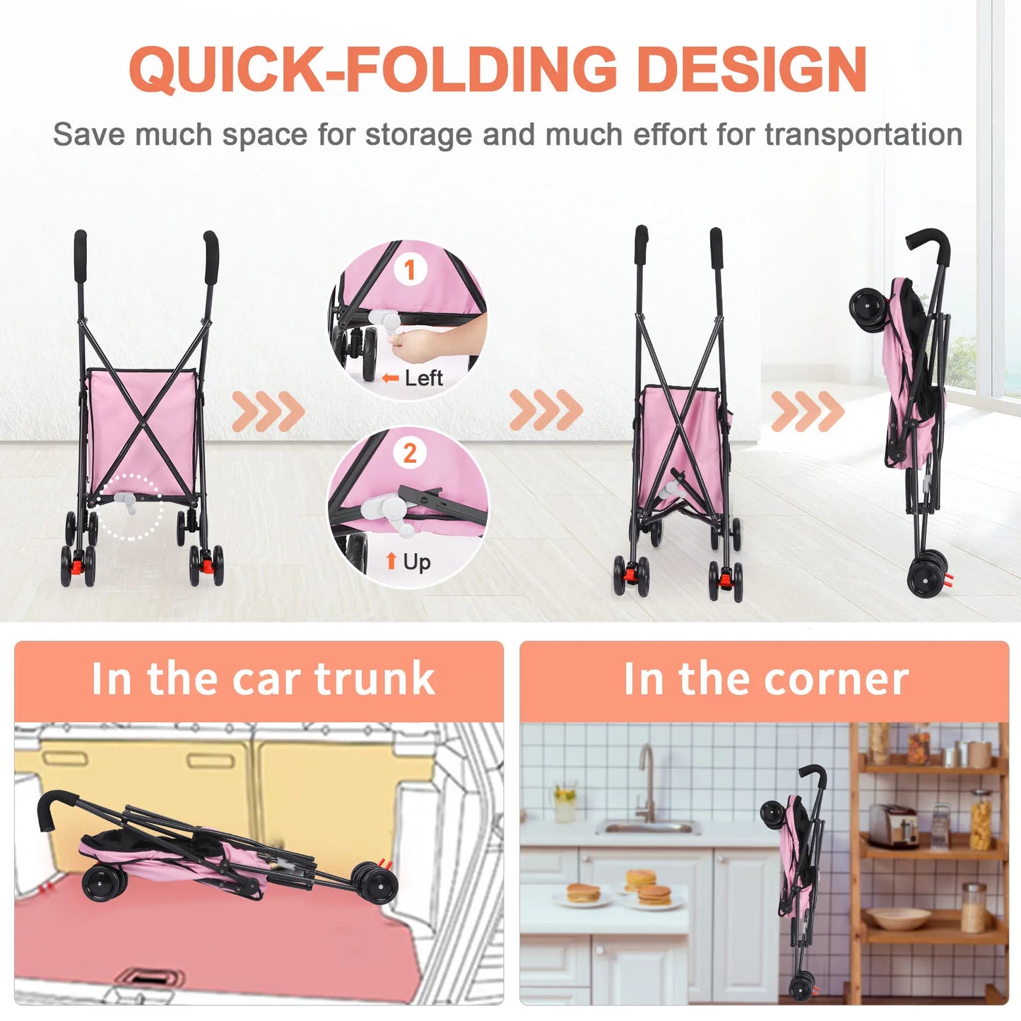33lbs 4 Wheels Dog Stroller- Rotate- Travel Hand Cart Folding Shopping Trolley-Pink