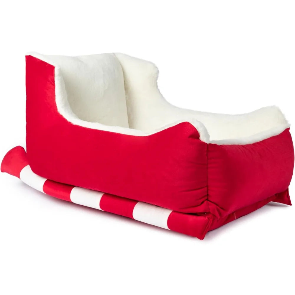 Holiday Sleigh Dog Bed, Red Velvet with Natural Color Faux Fur, Indoor and Outdoor Dog Bed, Holiday Themed Pet Beds