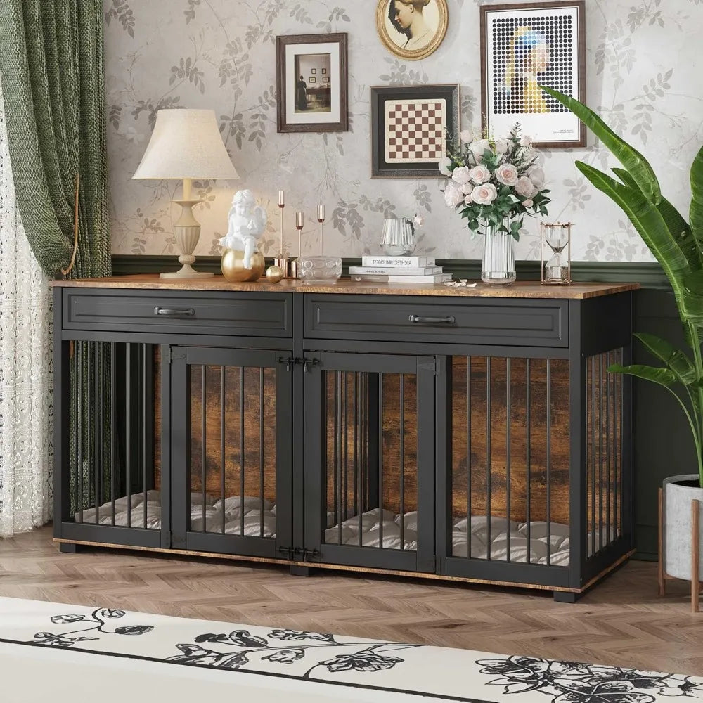 Furniture Style Dog Crate- 64.6" Wooden Multiple Dog Kennel with Drawers & Divider- Indoor Dog House Furniture with Double Rooms