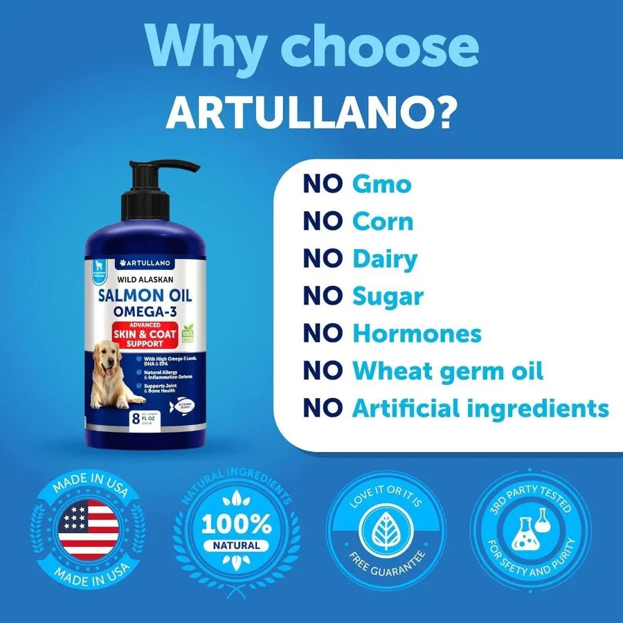 Salmon Oil for Dogs Omega 3 for Dogs 8 FL OZ Wild Alaskan Salmon Fish Oil Natural EPA DHA Fatty Acids for Skin Coat Allergy