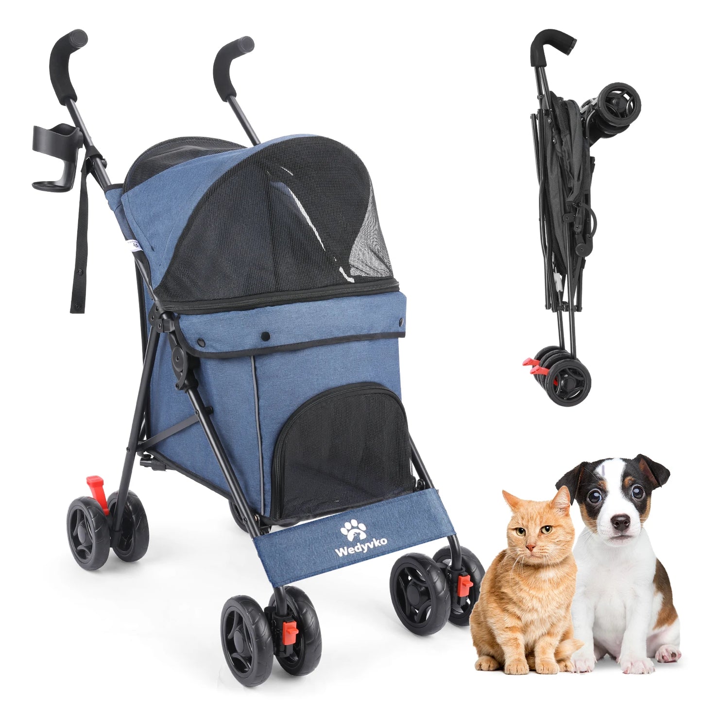Wedyvko Pet Dog Stroller 4 Wheels Puppy Stroller Rotate with Brakes Storage for Dogs Cats Travel