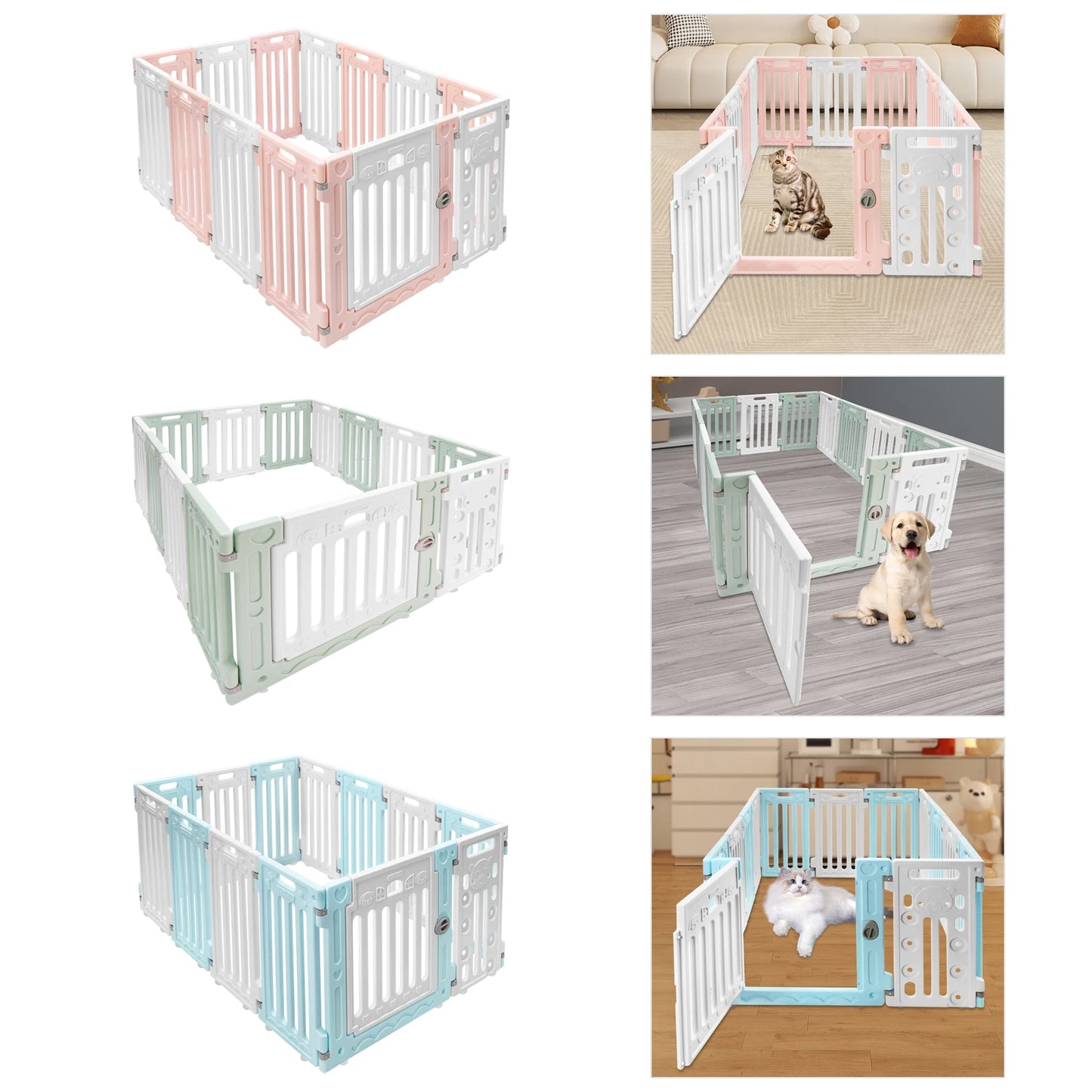 Hexagon Dog Playpen with Safety Door- Non-Slip Base- 25.6" HDPE Pet Fence for Dogs- 13 Panels Blue/Pink/Green-Pet Accessories