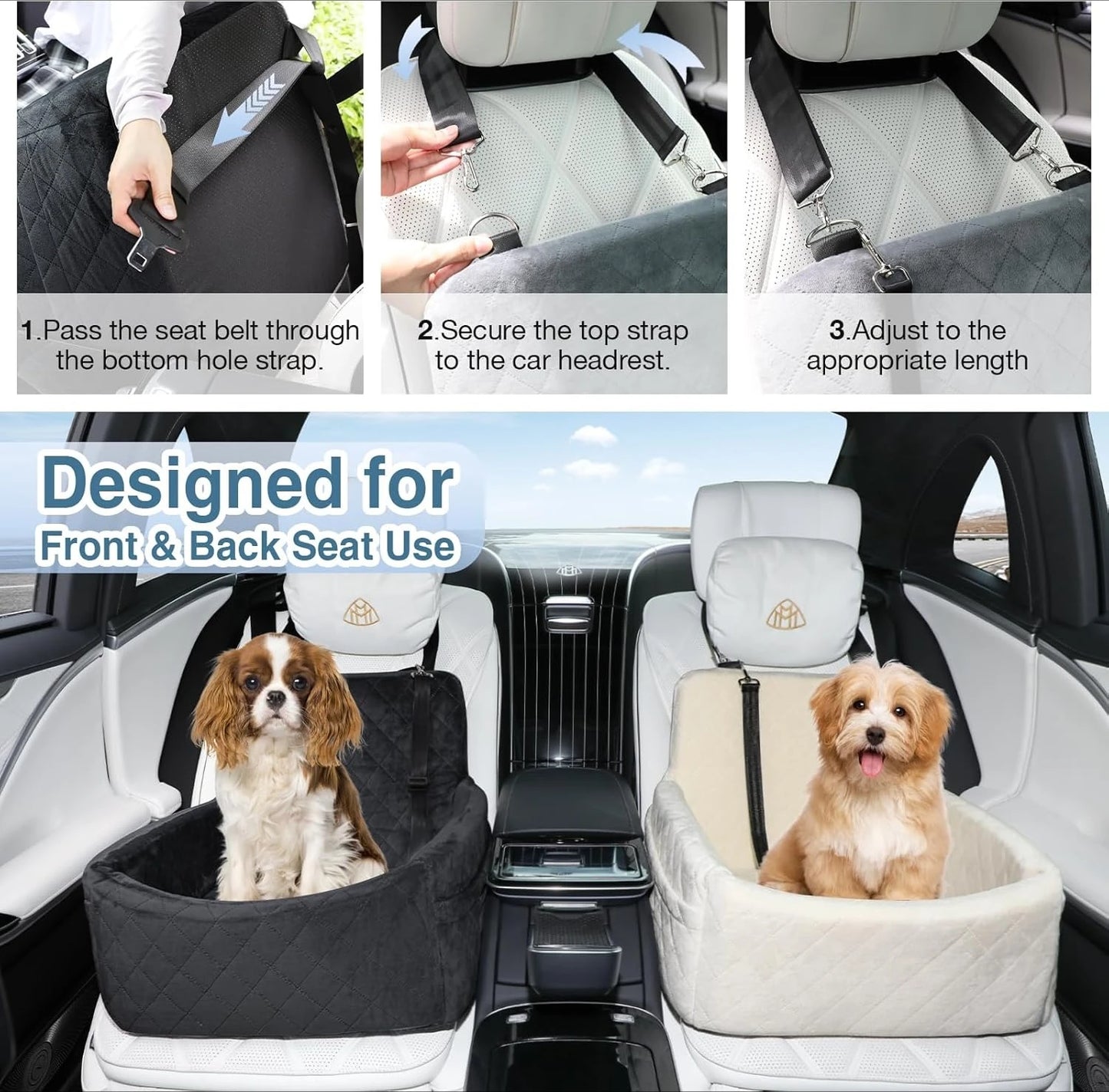 Dog Car Seat for Small Dogs Under 25 lbs- Washable Pet Travel Bed with Memory Foam- Detachable Cover- Storage Pockets