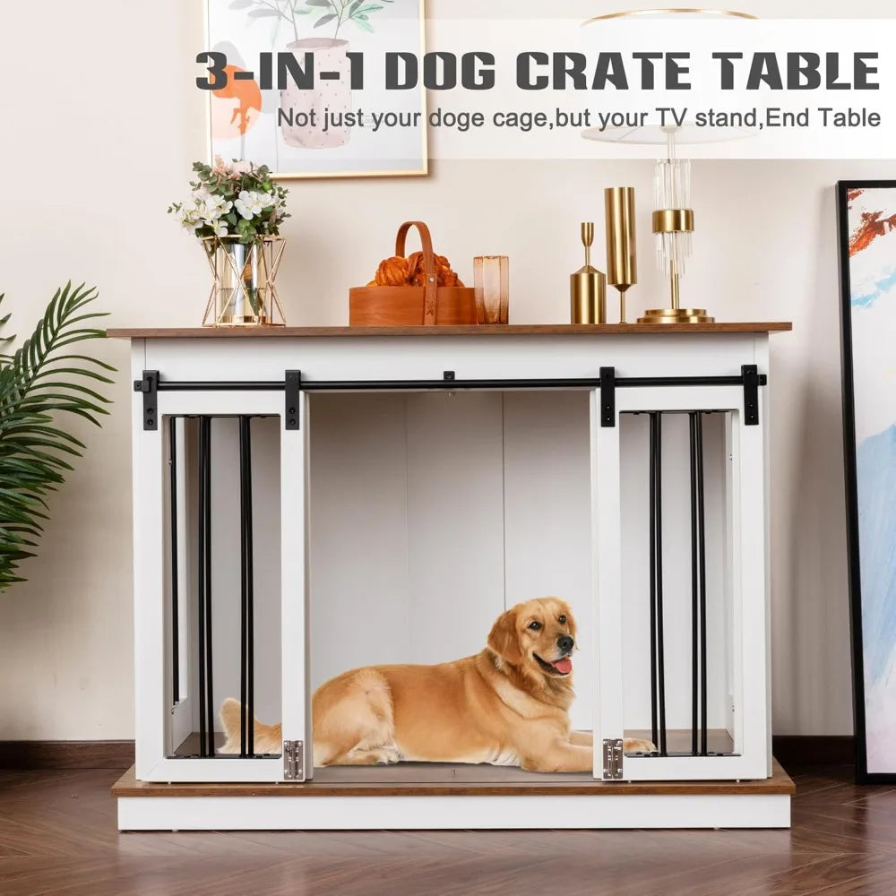 Dog Crate Furniture with Divider-Wooden Dog Kennel- Barn Doors- End Table- Indoor