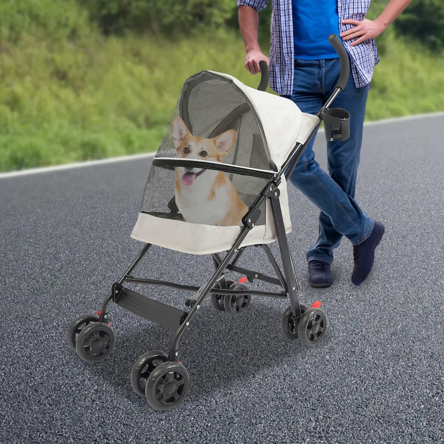 Premium Pet Stroller for Small/Medium Dogs- 360° Swivel Wheels- Safety Tether- Foldable Design w/Breathable Mesh with Cushion