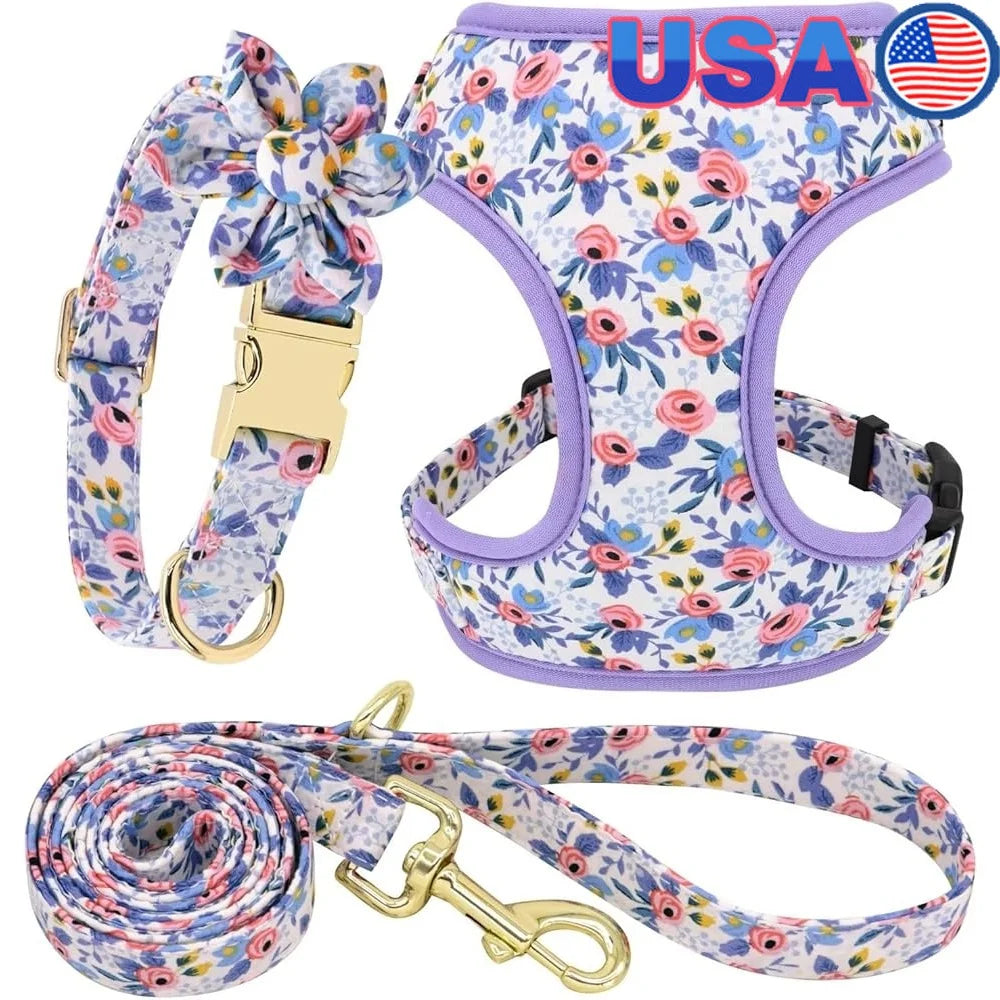 Cute Dog Harness Leash Collar Set- Adjustable Floral Soft Mesh Pet Vest-Size XS