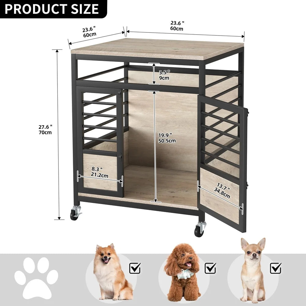 Wooden Dog Crate with Wheels- Stylish Indoor Pet Kennel- Heavy Duty- Chew-Proof- Portable Assembly Small Medium Dogs