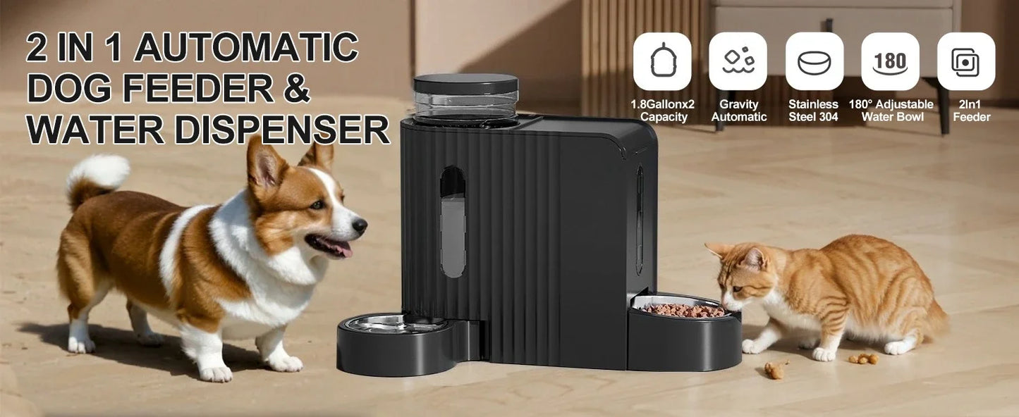 Automatic Gravity Pet Feeder- 1.8 Gallons-D Stainless Steel Bowls- Feeder and Water Dispenser Set
