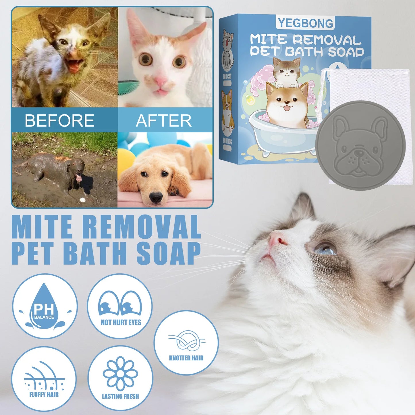 Yegbong Pet Mite Removal Bath Soap- Dog Sterilization Body Deodorization Cleaning Bath Products-Pet Grooming