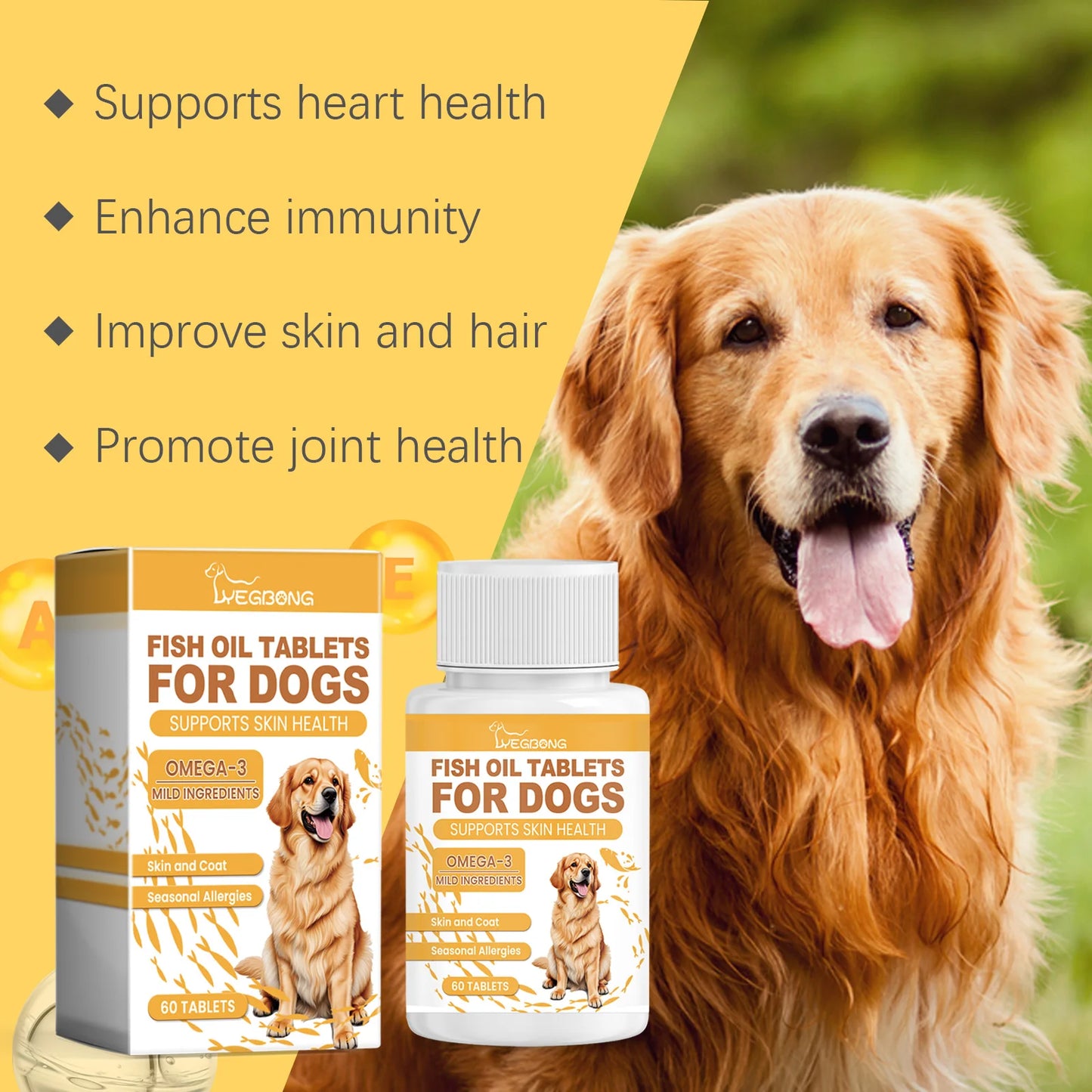 60pcs Omega-3 Fish Oil Tablets for Dogs- Skin Care Nutrition Supplement Relieve Dry Itchy Skin- Nourish Fur- Enhance Bone-Pet Grooming