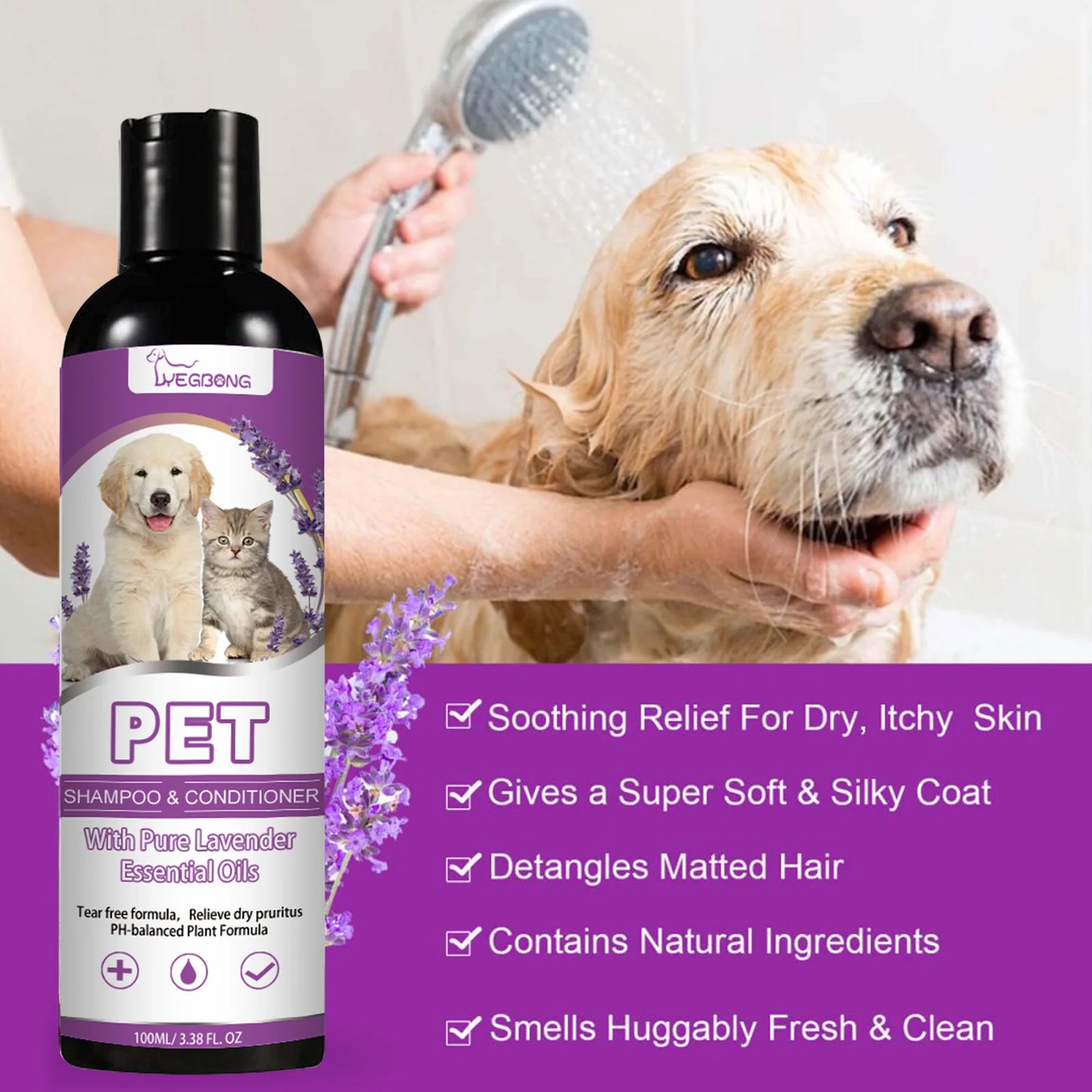 Yegbong Tear-Free Lavender 100ml Pet Shampoo/ Conditioner- Smooth Dog Hair- Softening- Relieve Itching -Ph Balance- good for pet's Dry Skin