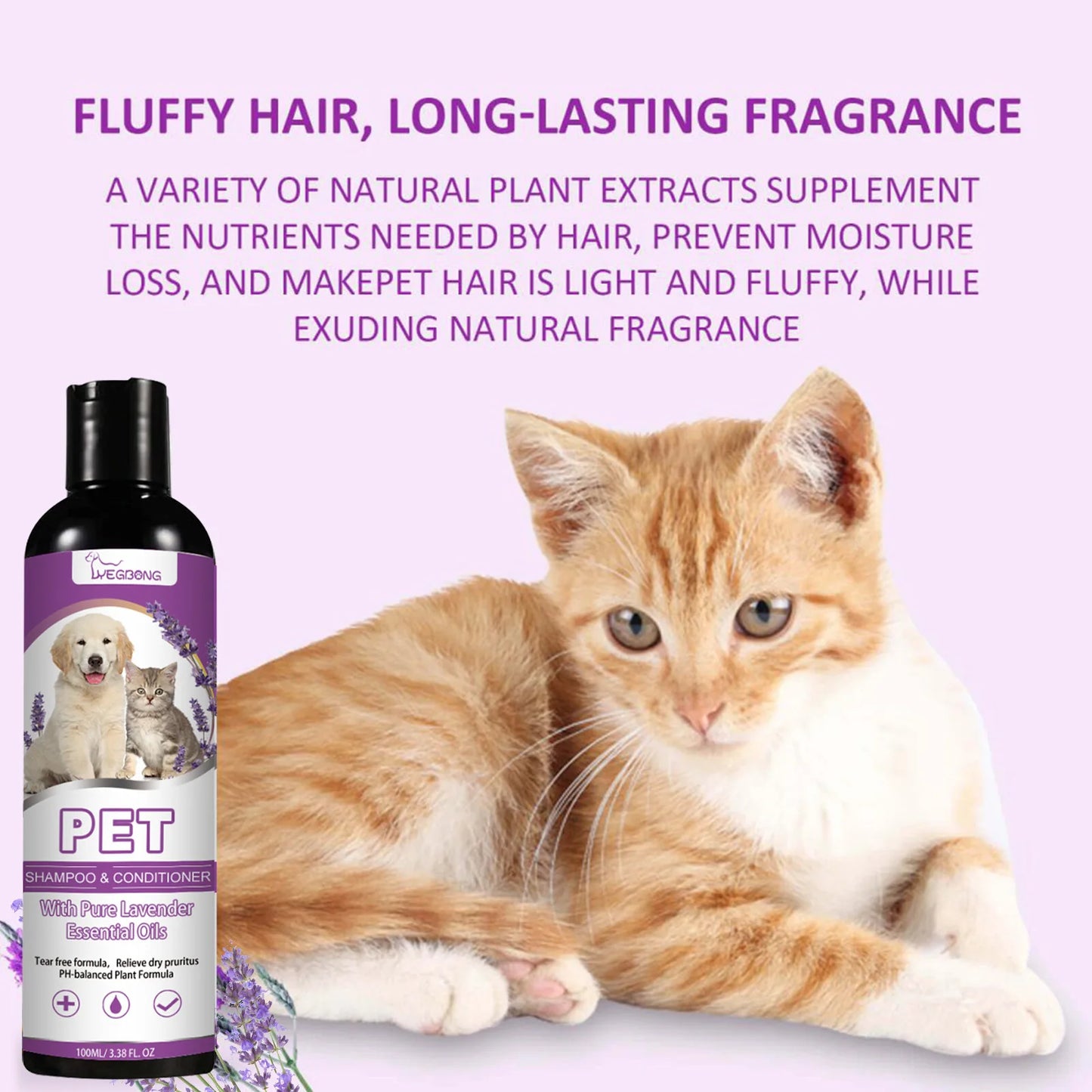 Yegbong Tear-Free Lavender 100ml Pet Shampoo/ Conditioner- Smooth Dog Hair- Softening- Relieve Itching -Ph Balance- good for pet's Dry Skin