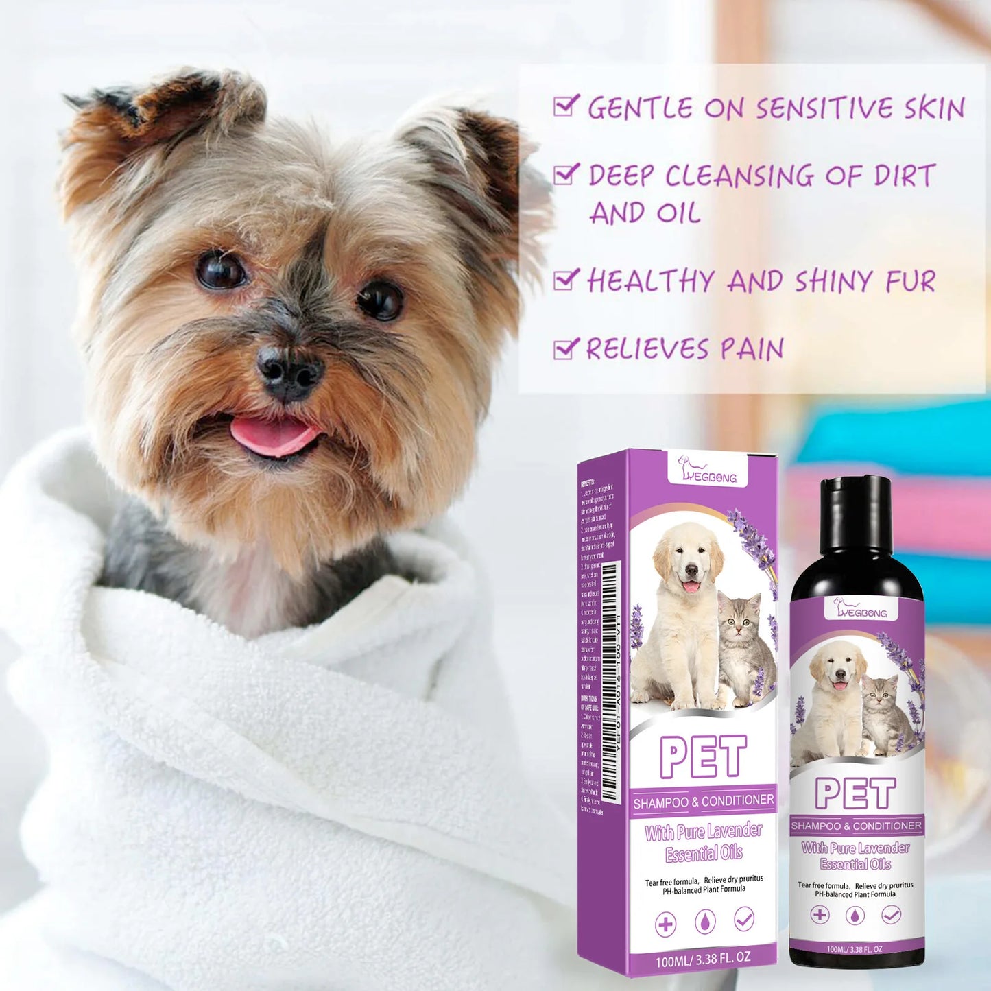 Yegbong Tear-Free Lavender 100ml Pet Shampoo/ Conditioner- Smooth Dog Hair- Softening- Relieve Itching -Ph Balance- good for pet's Dry Skin