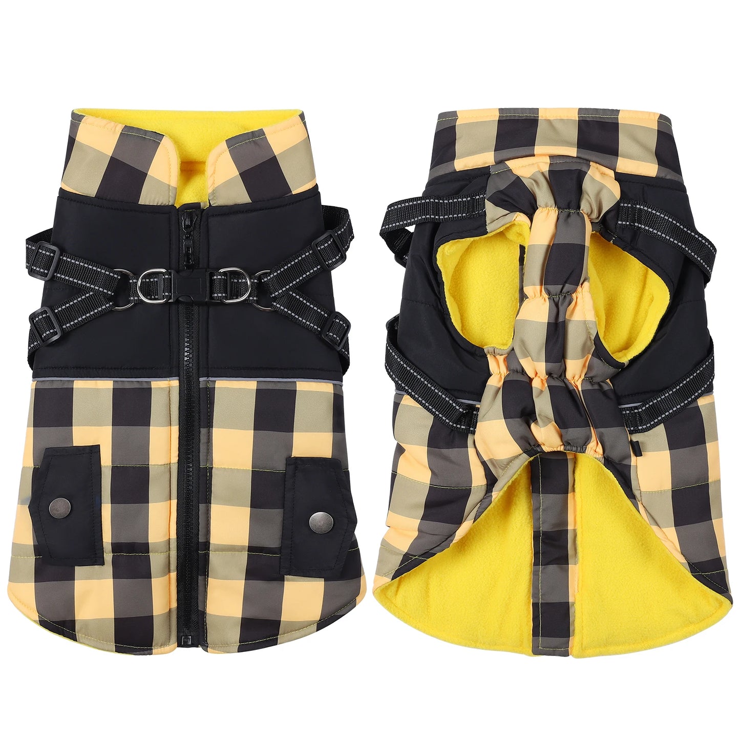 Plaid Thicken Padded Pet Dog Jacket With Harness For Cold Weather -Windproof Winter Dog Jacket Coat- For Small Medium Large Dog