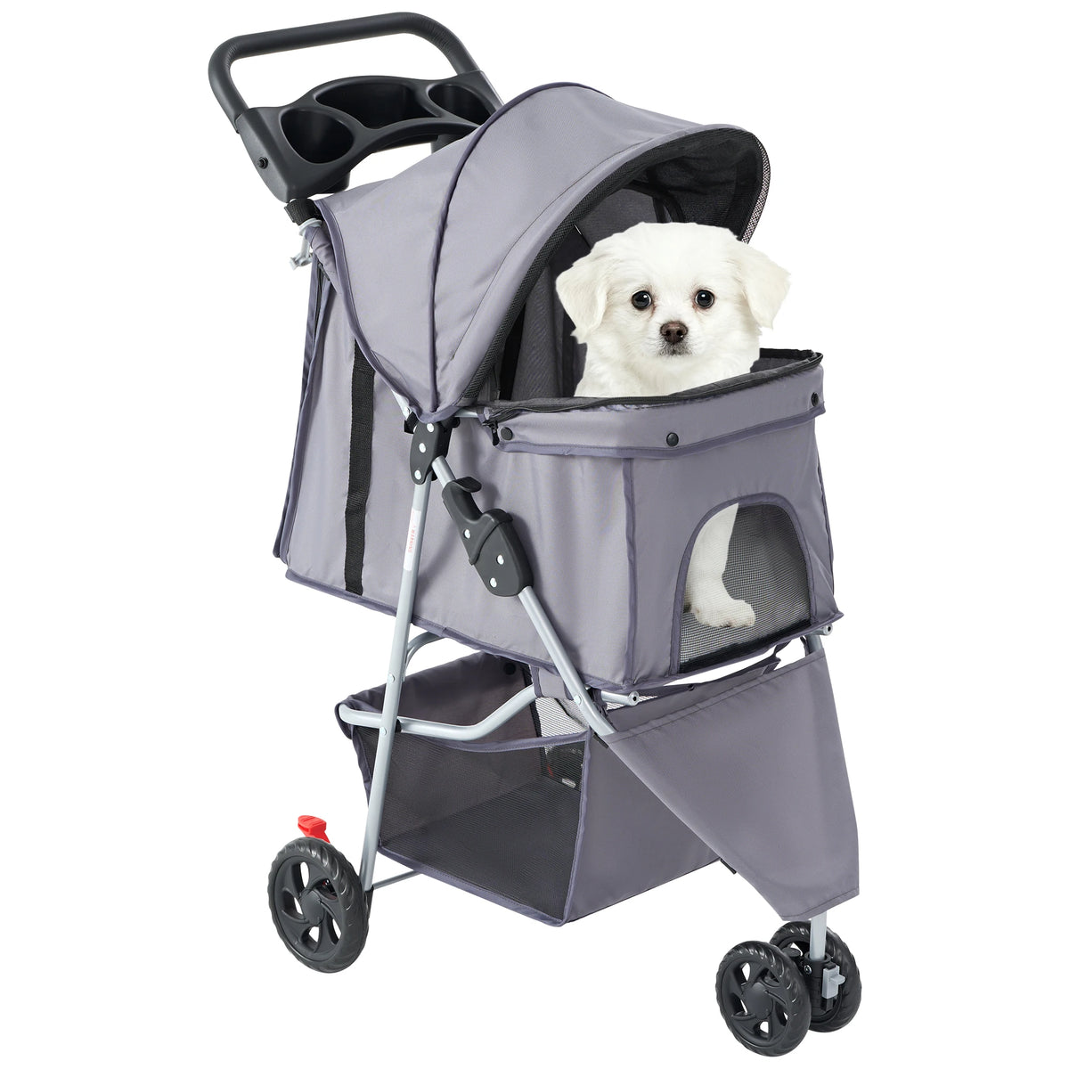 JHK 3 Wheels Foldable Pet Stroller-Mesh Windows- Storage Basket- Cup Holder-Pet Strollers