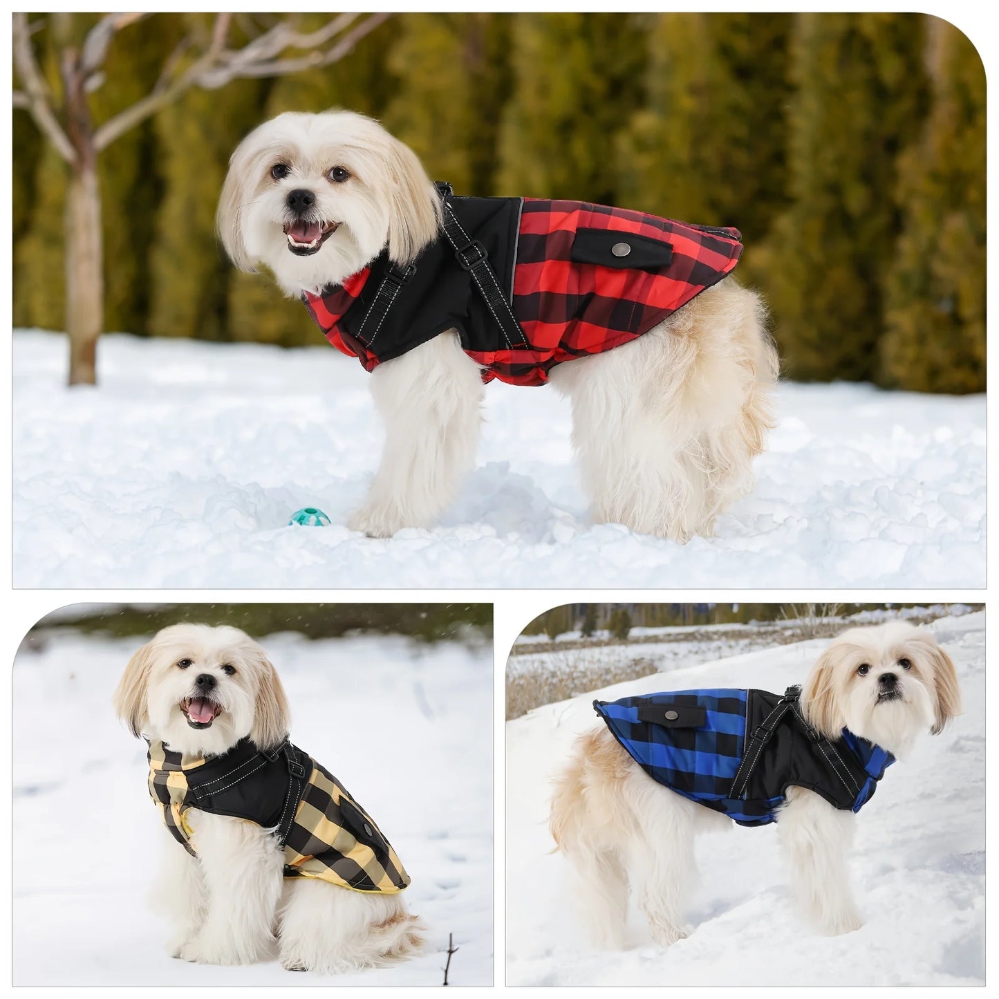 Plaid Thicken Padded Pet Dog Jacket With Harness For Cold Weather -Windproof Winter Dog Jacket Coat- For Small Medium Large Dog