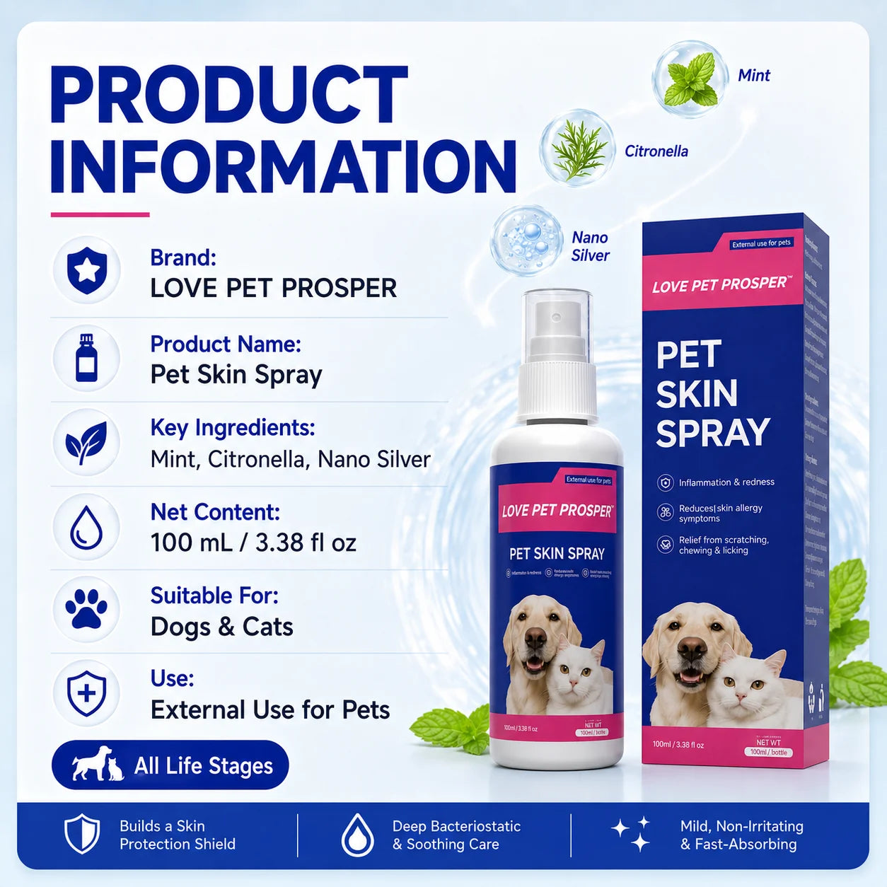 Skin Support Itch Spray to Comfort Dogs -100 mL Dog at Itch Relief Spray-Gentle Plant-Based Skin Support with Mint, Citronella/ Nano Silver for Redness, Scratching/ Licking-Pet Supplements
