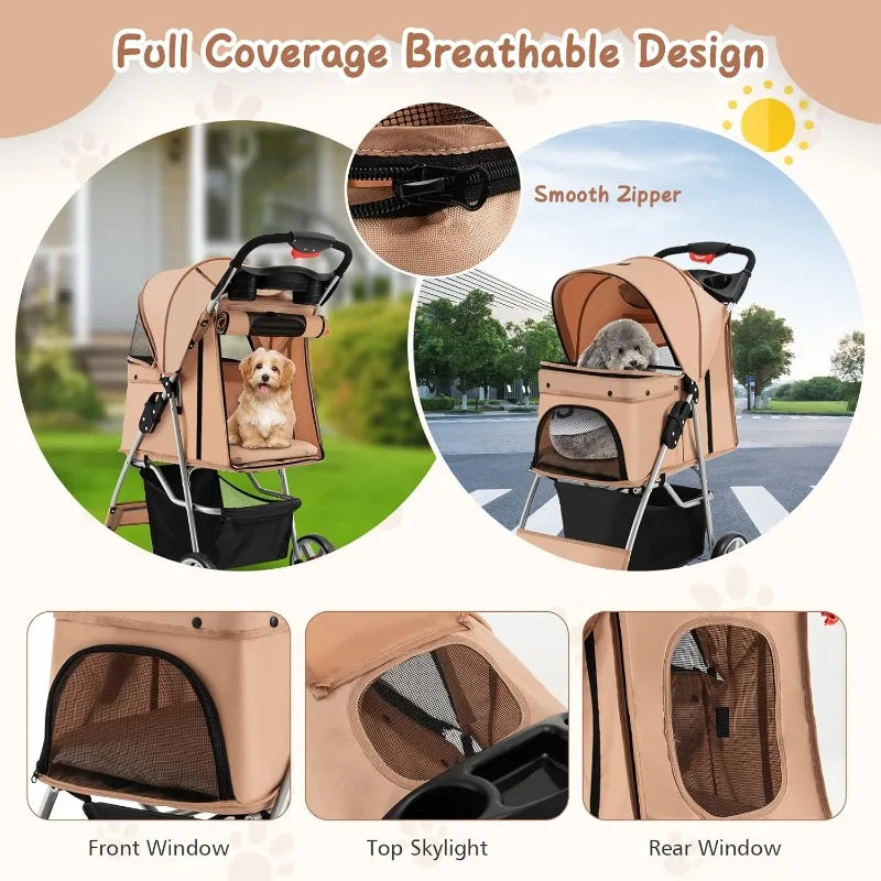 4 Wheels Dog Stroller, Foldable Pet Stroller for Small/Medium Dogs Cats, Cat Carrier with Storage Basket and Cup Holder, Pet Car