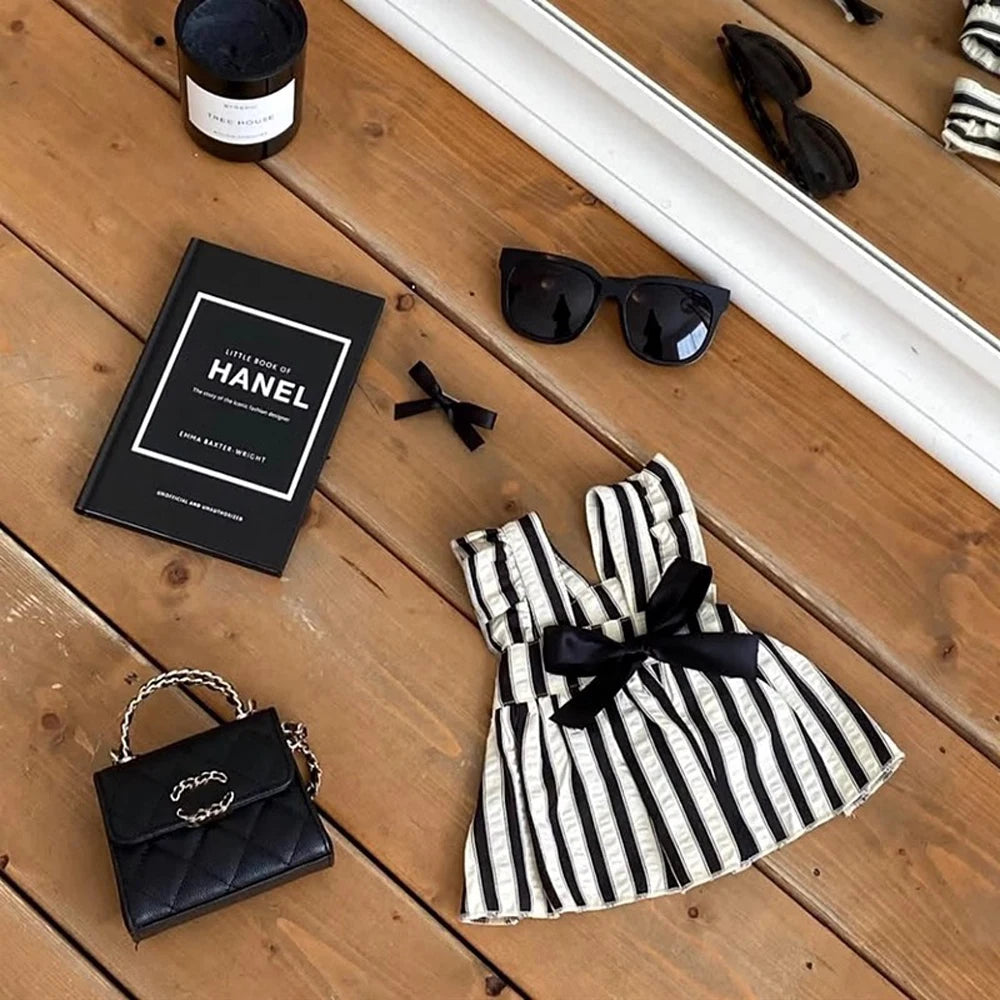 BLack/White Striped Dog Princess Dress-with Bow-Small Dogs-Costumes/Apparel