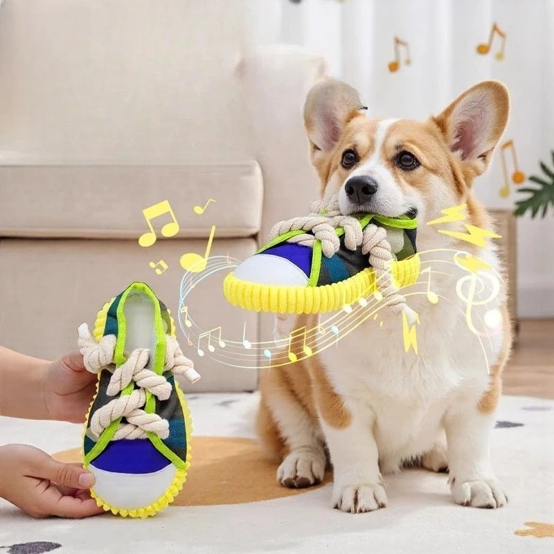 Dog Squeak Toy- Teeth Grinding- Bite Resistant Slippers Shape- Puppy Chew Toy With Cotton Rope-Dog Toys