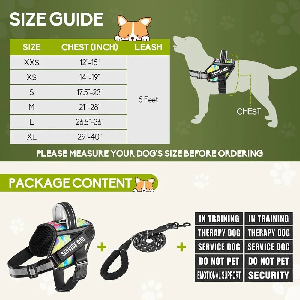 Service Dog Harness Leash Set- Reflective No Pull -10 Patches Multi Color Training Vest- Durable Lightweight Small to XL Dogs