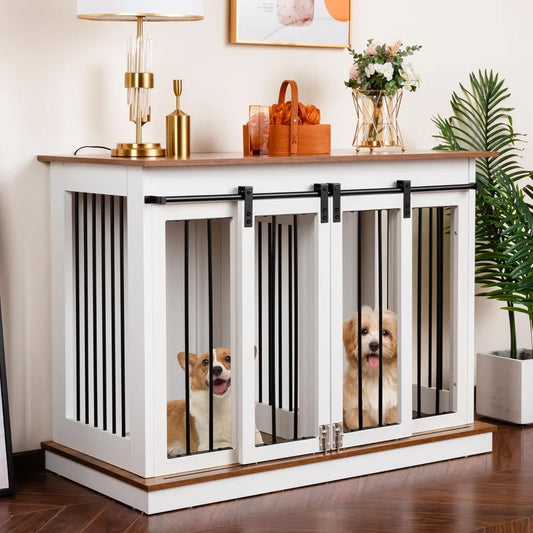 Dog Crate Furniture with Divider-Wooden Dog Kennel- Barn Doors- End Table- Indoor