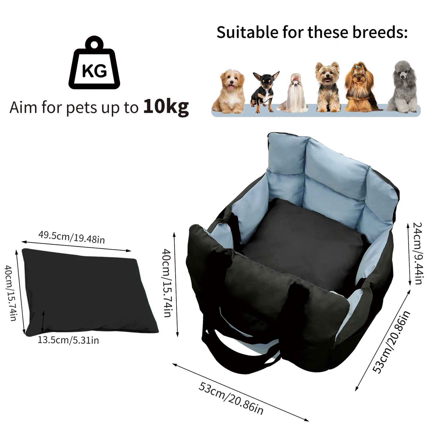Dog Car Seat -Safe & Cozy Travel Bed/Carrier for Small Dogs, Puppies, Pets up to 22 lbs/10 KG, Clip-On Leash & Storage Pockets