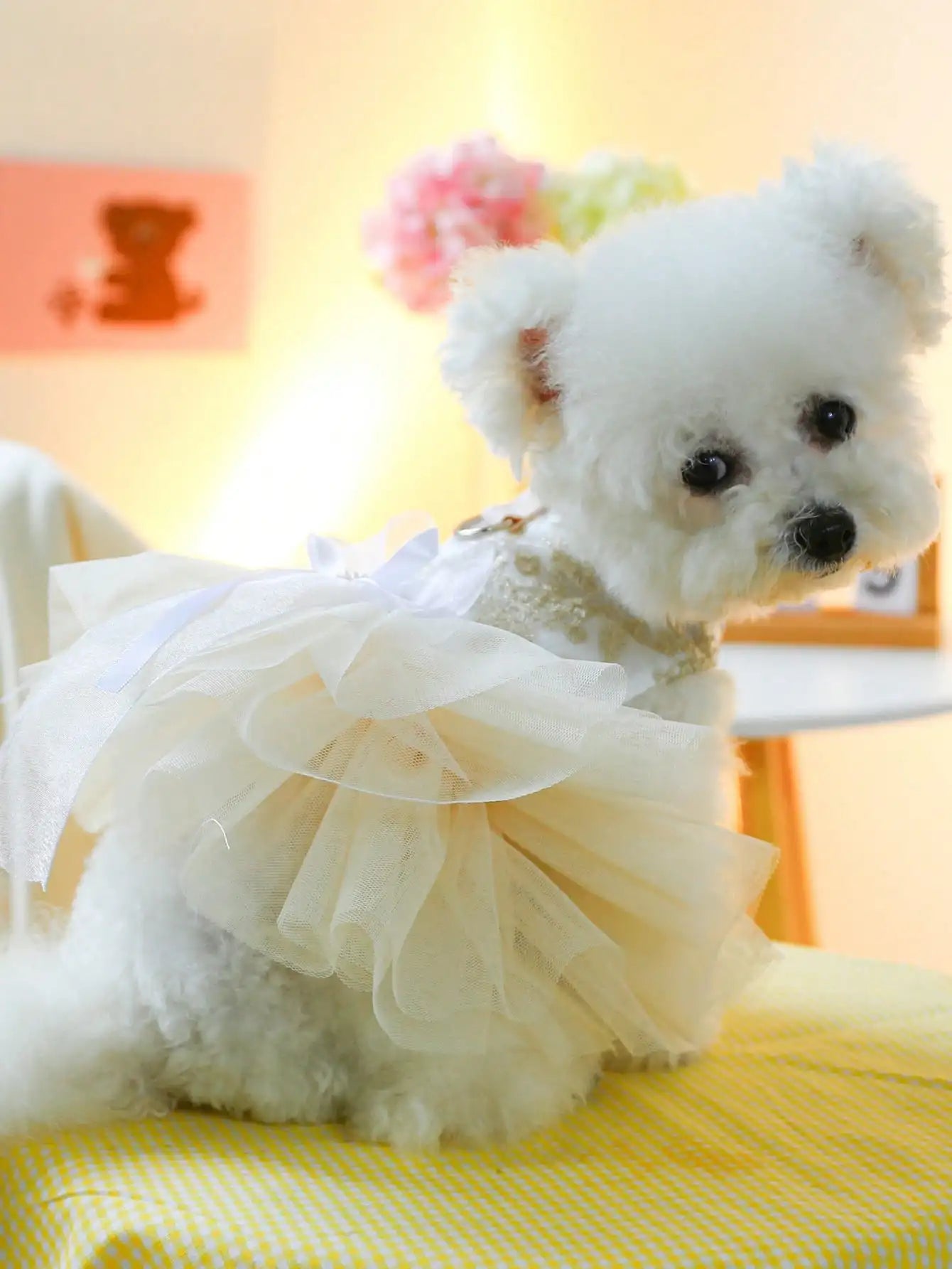 Beautiful 1Pc Luxury Pet Princess Wedding Dress- Thin Spring Summer Outfit- Gold Floral Embroidery- Pearl Bow Decor- Built-in D-ring For Traction-Sizes XS-XL-Costume/Apparel