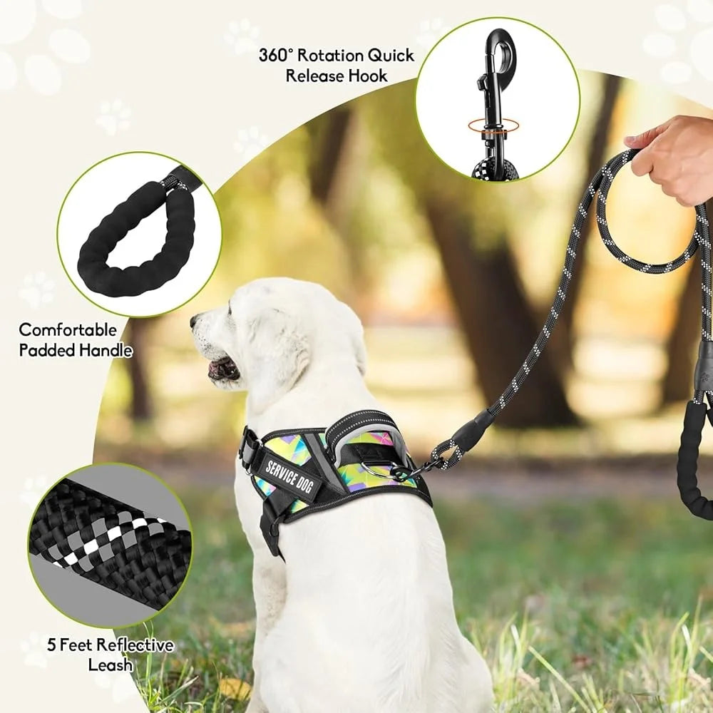 Service Dog Harness Leash Set- Reflective No Pull -10 Patches Multi Color Training Vest- Durable Lightweight Small to XL Dogs
