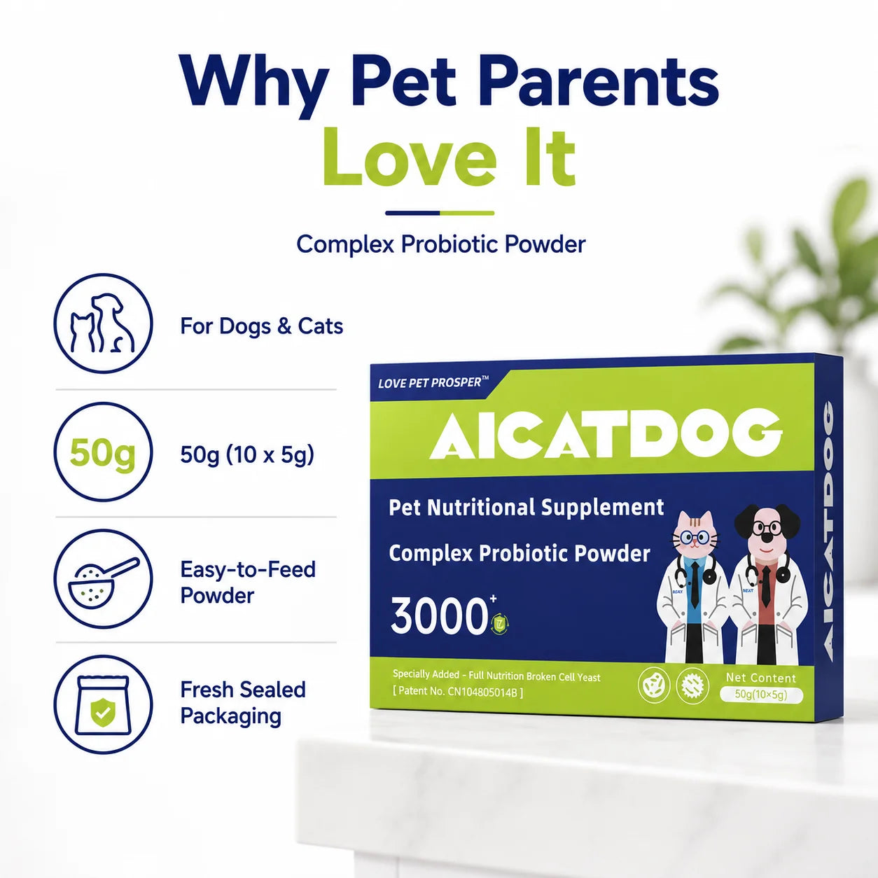 Probiotic Powder for Dogs & Cats- 3000+ Formula Digestive/ Gut Health Supplement- Daily Probiotics with Broken Cell Yeast- Stool/Immune- Support, 50g (10 x 5g)