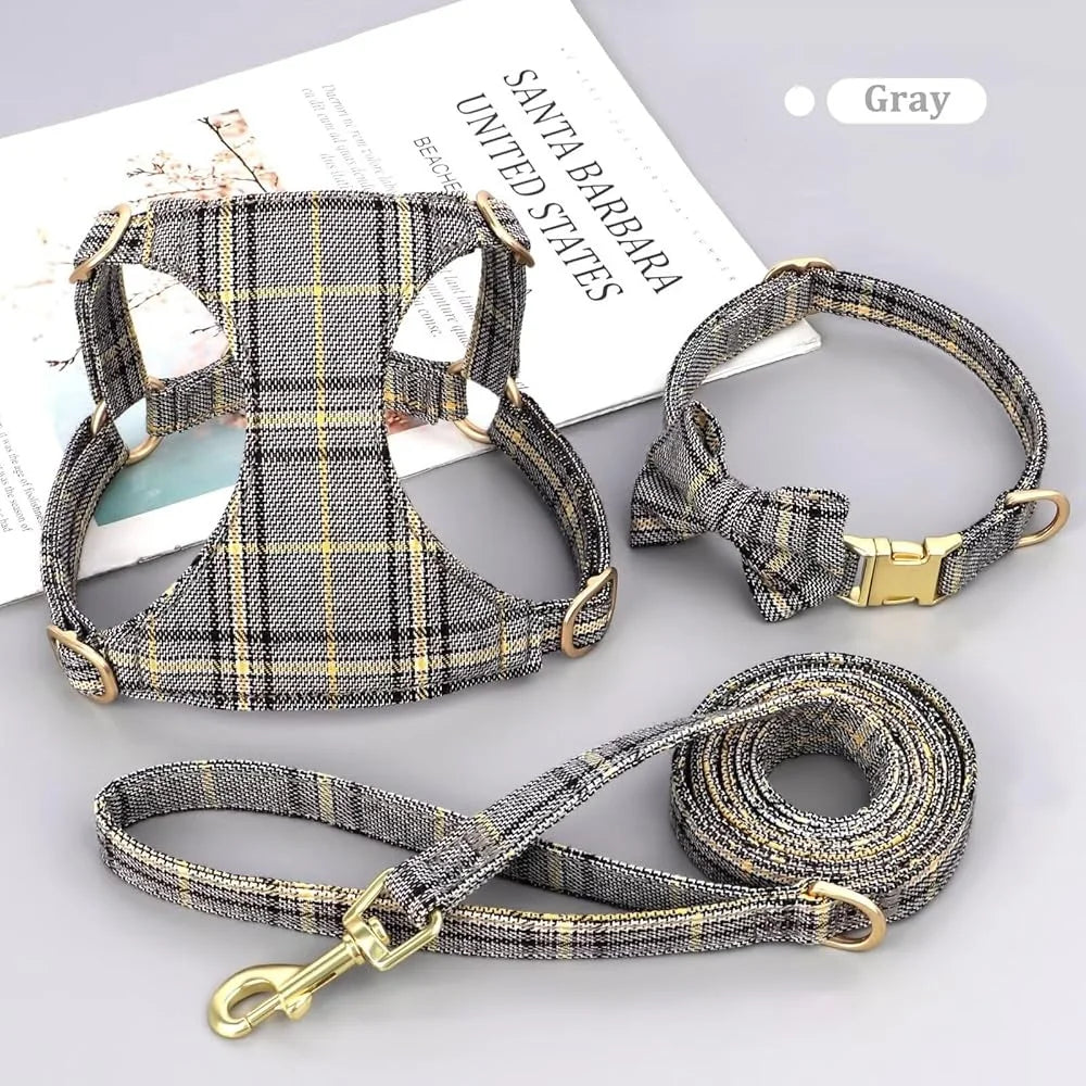 Cute Small Dog Harness Set- Adjustable Soft Plaid Pet Collar -Leash Bowtie Puppies Walking Parties- Comfort Durable Design