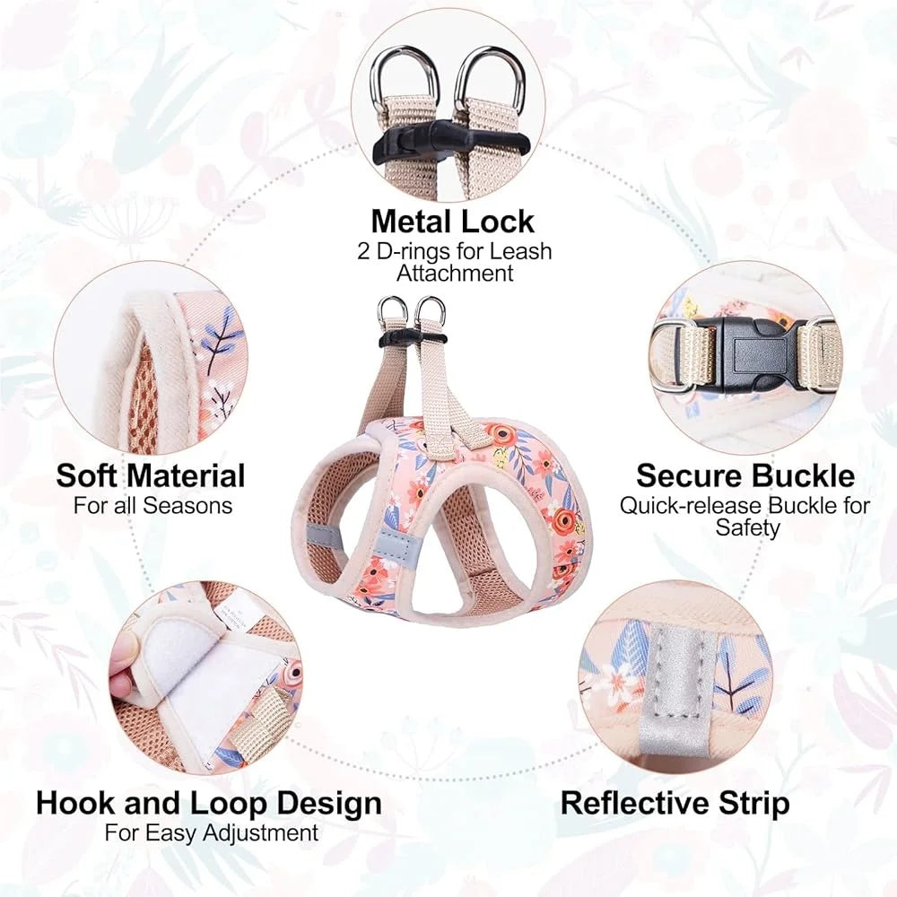 Floral Dog Harness and Leash Set- No Pull No Choke Escape Proof -Step In Vest Padded Handle Lightweight Durable Breathable Small