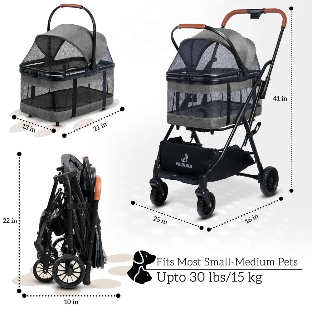 Pet Stroller/Car Seat with Detachable Carrier - Compact Design for Small Dogs (under 30 lbs) - All-Terrain Wheels - Easy Fold