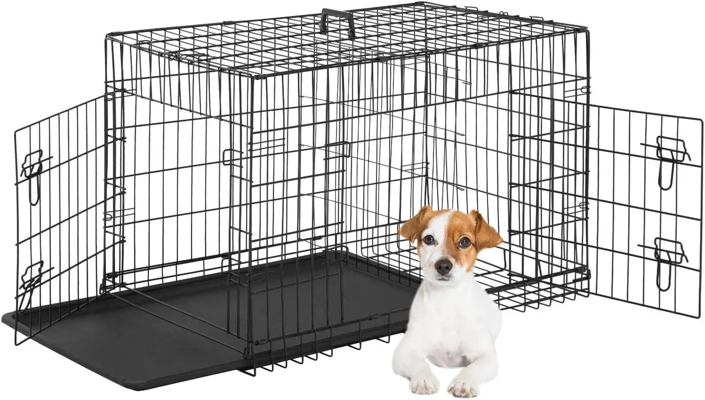 24 Inch Folding Metal Dog Crate for Small Pets- Double Door- Indoor /Outdoor Kennel with Leak-Proof Tray-Crates