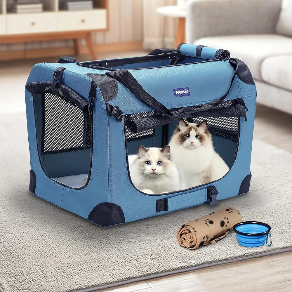 Portable Collapsible Dog Crate- Travel Pet Carrier with Soft Warm Blanket- Foldable Bowl -Small Dogs Indoor Outdoor