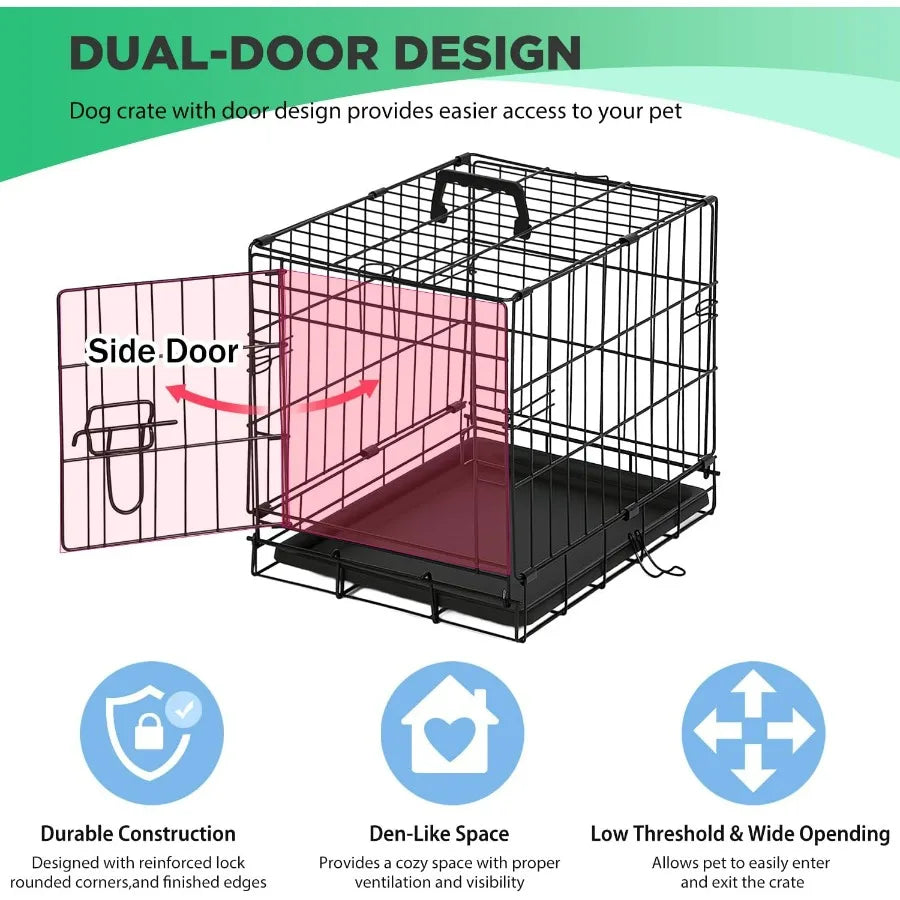 Foldable Metal Dog Crate with Single Door and Secure Slide-Bolt Latches Leak-proof Tray- for Small Breeds -Portable Kennel