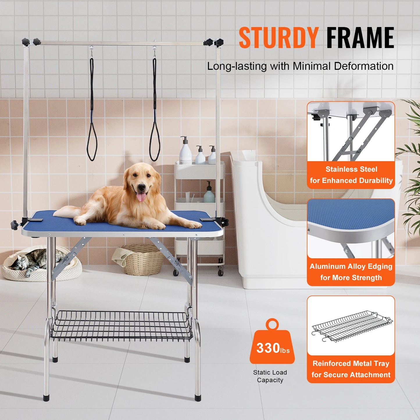 SucceBuy Pet Grooming Table Two Arms w/ Clamp Dog Grooming Station- Foldable Pets Stand for Medium Small Dogs with Grooming Loop-Pet Grooming