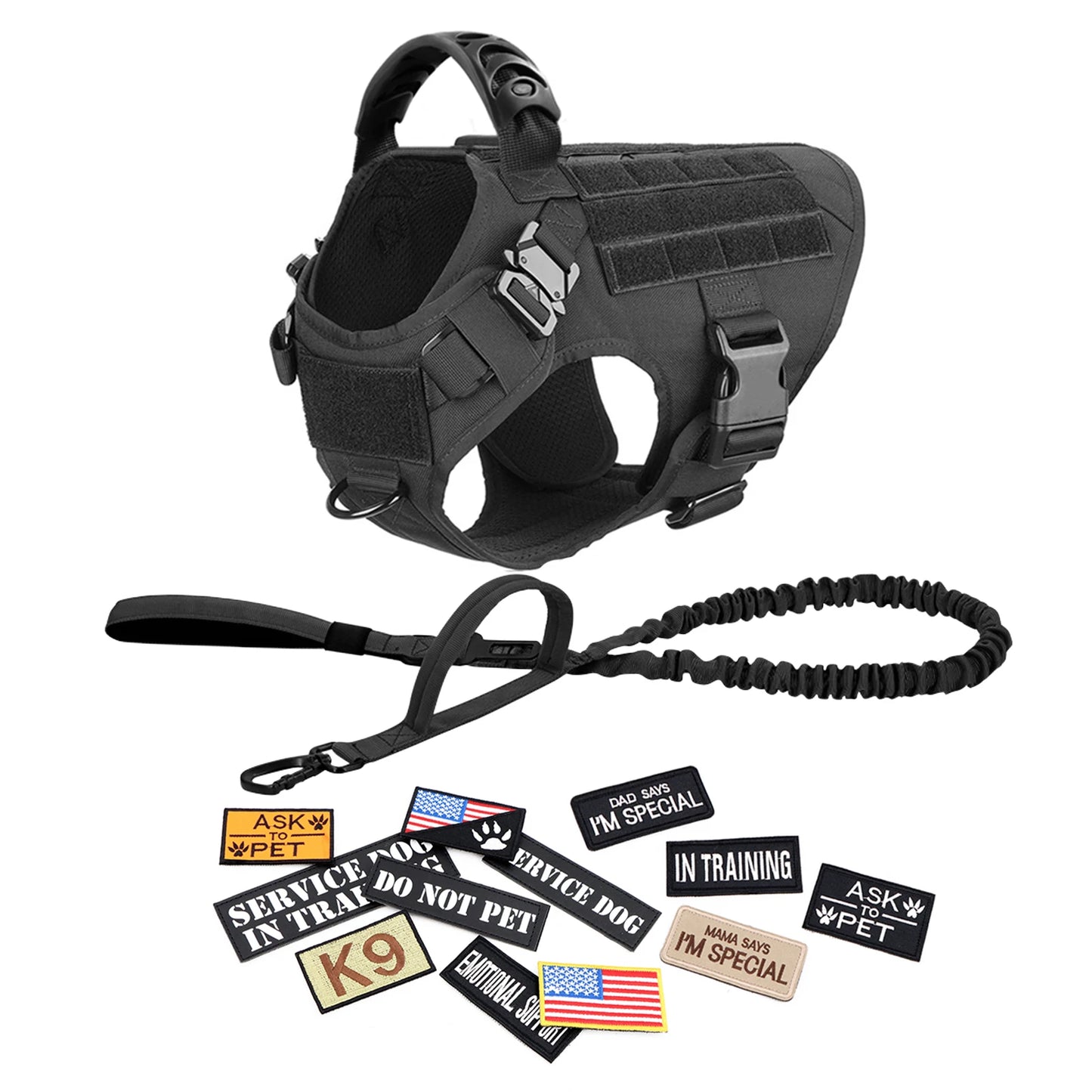 Military Dog Harness/ Collar/ Leash- Bags- Patches Set- Pet Malinois Training Vests-Sizes S to XL- Collars/Leashes