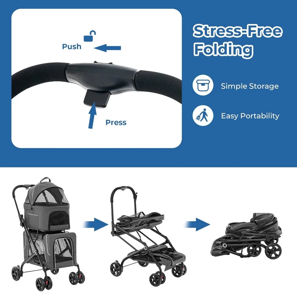 Double Dog Stroller for 2 Dogs- Detachable Carriers-Safety Belt- 4 Lockable Wheels-Pet Travel Carrier Stroller