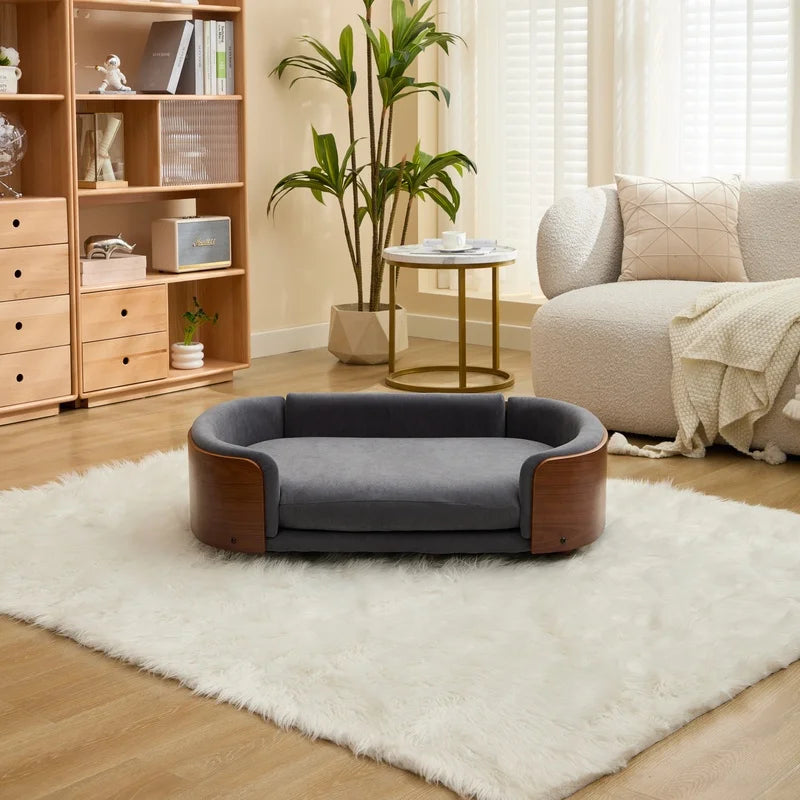 Elevated Dog Bed with Solid Wood Legs and Walnut Bent Wood Back- Velvet Upholstery- Washable-Large Size-Bed & Blankets