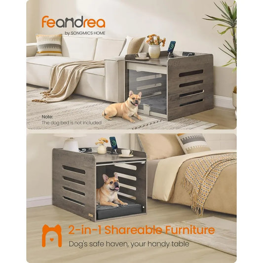 Dog Crate Furniture with Charging Station- Kennel Indoor with Flip-up Hidden Acrylic Door