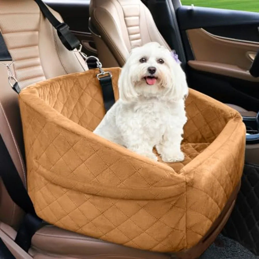 Dog Brown Car Seat- for Small Medium Dogs- Detachable- Washable-Booster Seat- Under 30lbs-Storage Pock-Pet Car Seat