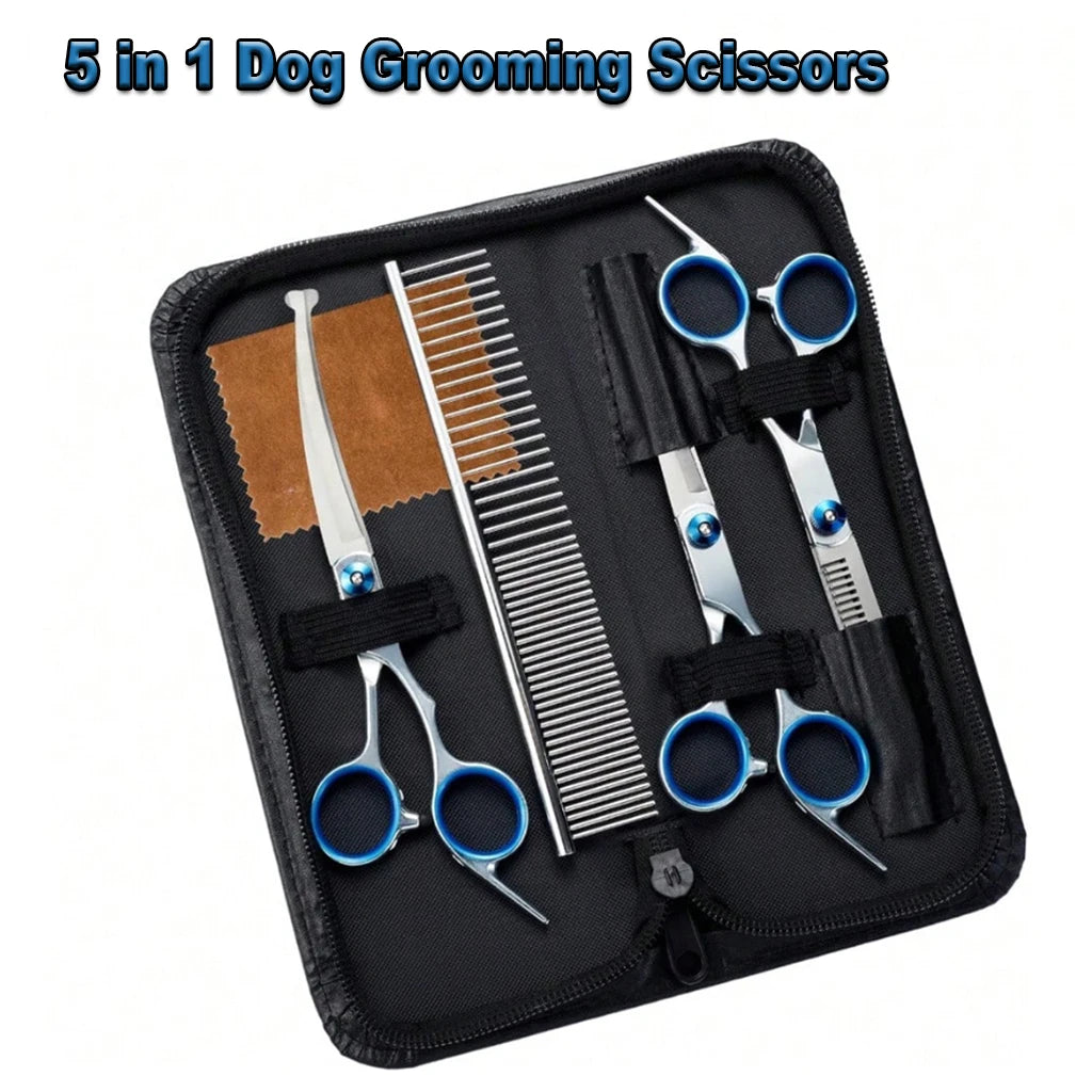Professional Pet Grooming Scissors Kit- Stainless Steel -Dog/ Cat Hair Cutting Thinning -Curved Straight Trimmer Shears with Comb/Case-Pet Grooming